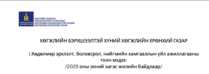 Хөдөлмөр эрхлэлт, боловсрол, нийгмийн хамгааллын үйл ажиллагааны тоон мэдээ: /2025 оны эхний хагас жилийн байдлаар/  , Хараагүй хүмүүсийн хөдөлмөр, сургалт хөгжлийн төвийн үйлдвэрийн тоон мэдээ: /2025 оны эхний хагас жилийн байдлаар/  , Сэргээн засалт, сургалт,  үйлдвэрлэлийн тоон мэдээ:  /2025 оны эхний хагас жилийн байдлаар/